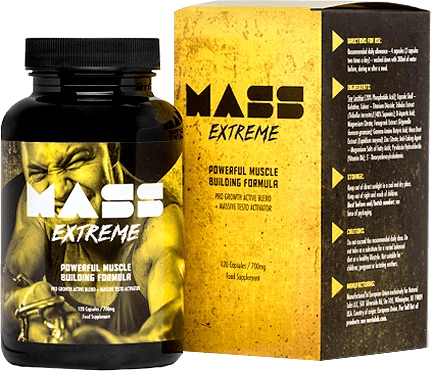 Envase del suplemento Mass Extreme, clave para el crecimiento de masa muscular.