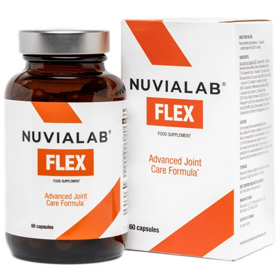 Frasco de NuviaLab Flex, suplemento avanzado para salud articular y ósea.